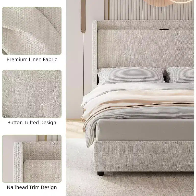 Lit Queen Size avec Cadre de Lit 4 Tiroirs de Rangement, Tête de Lit avec Rangement, Cadre de Lit Rembourré avec Station de Recharge & Ailettes, Pas Besoin de Sommier à Ressorts, Silencieux