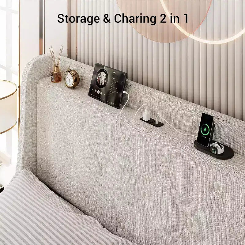 Lit Queen Size avec Cadre de Lit 4 Tiroirs de Rangement, Tête de Lit avec Rangement, Cadre de Lit Rembourré avec Station de Recharge & Ailettes, Pas Besoin de Sommier à Ressorts, Silencieux