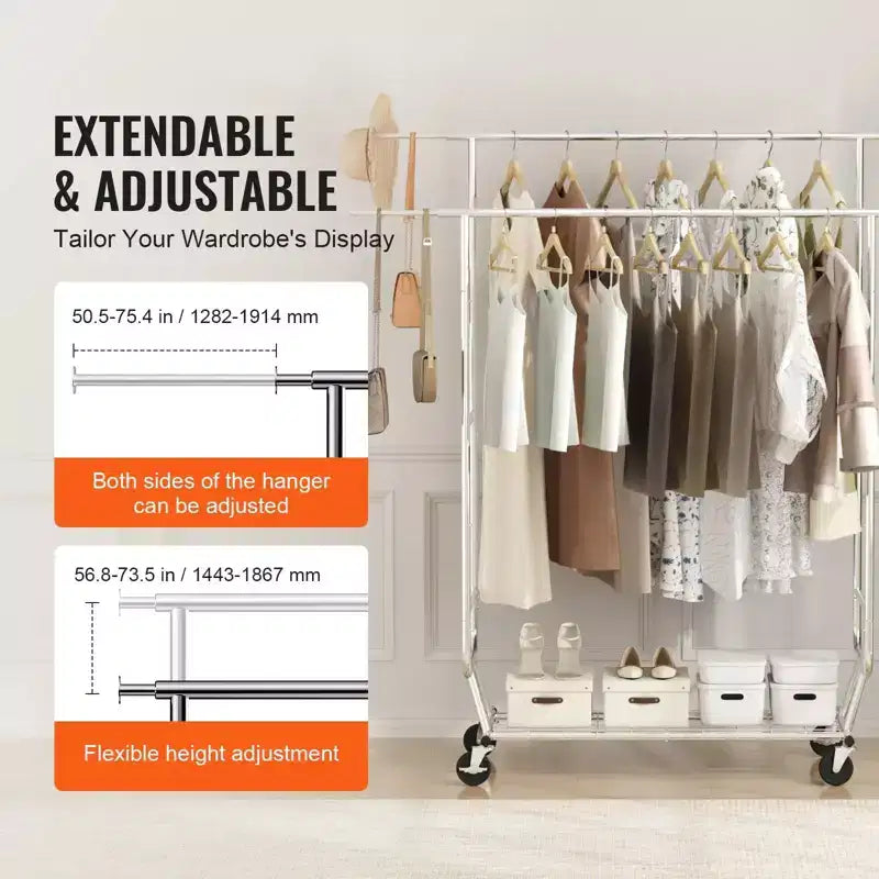 Portant à vêtements robuste 272 kg, double tringle avec hauteur et longueur réglables