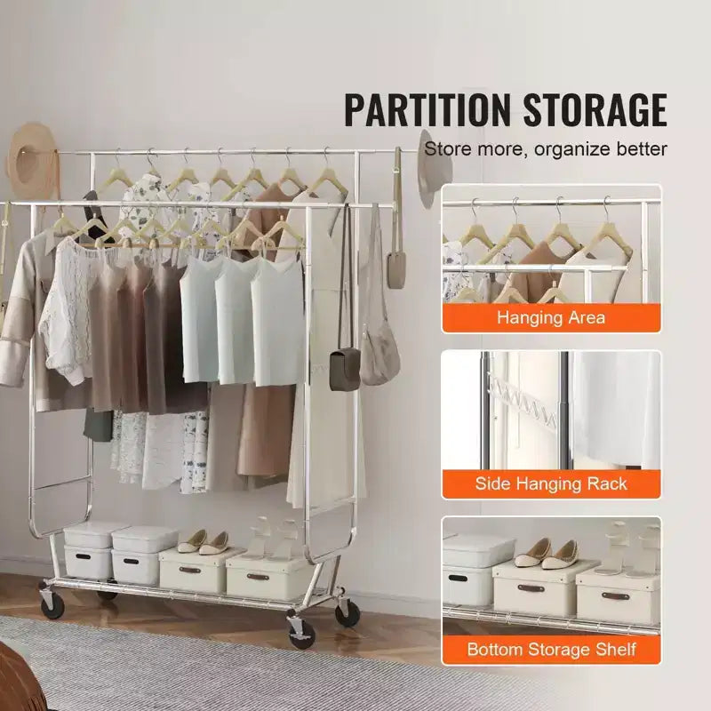 Portant à vêtements robuste 272 kg, double tringle avec hauteur et longueur réglables
