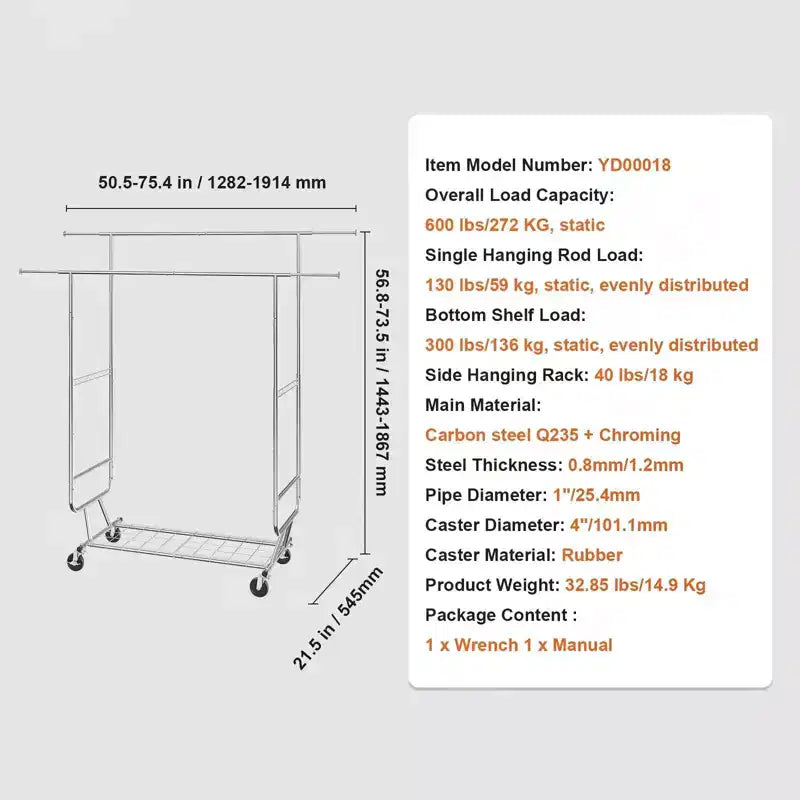 Portant à vêtements robuste 272 kg, double tringle avec hauteur et longueur réglables