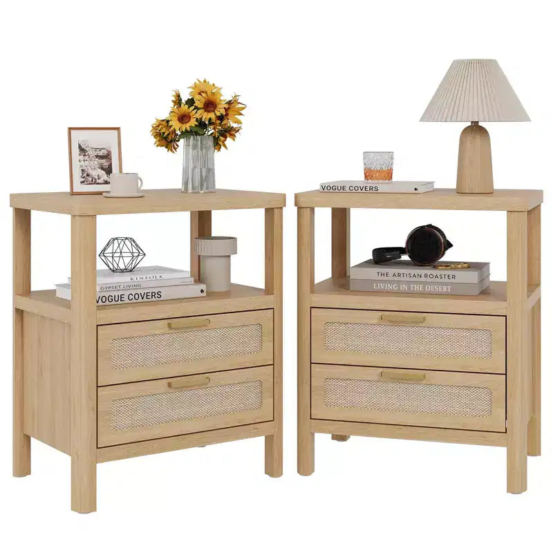 Nightstands Set of 2, 20 Inch Light Oak Bedside Tables with Rounded Corners, 2-Tier Storage with Drawer and Open Shelf for Bedroom