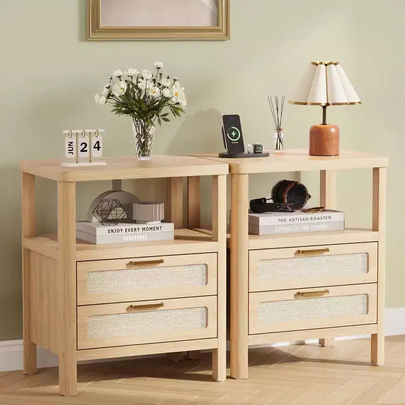 Tables de chevet de 50,8 cm, en chêne clair, avec tiroir et étagère ouverte à deux niveaux pour chambre à coucher