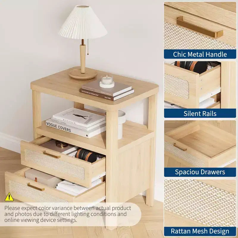 Tables de chevet de 50,8 cm, en chêne clair, avec tiroir et étagère ouverte à deux niveaux pour chambre à coucher