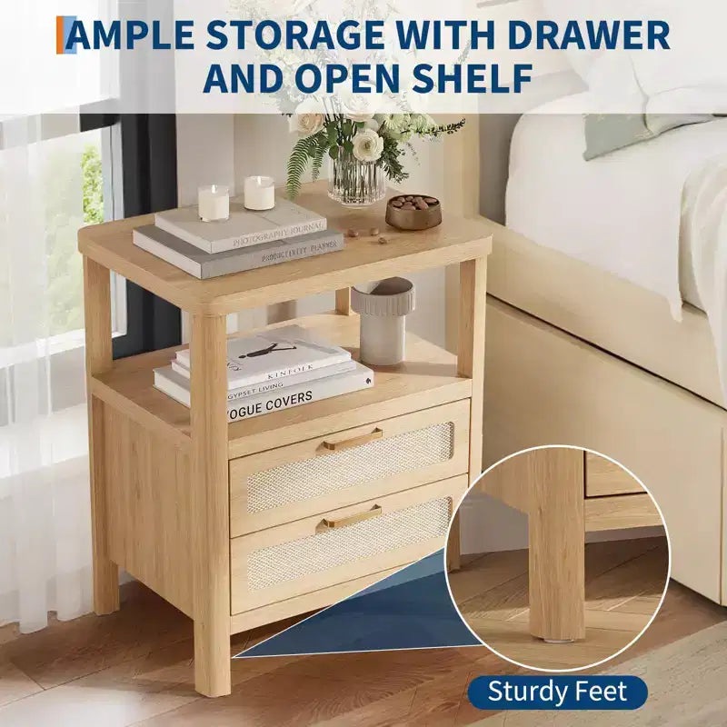 Tables de chevet de 50,8 cm, en chêne clair, avec tiroir et étagère ouverte à deux niveaux pour chambre à coucher
