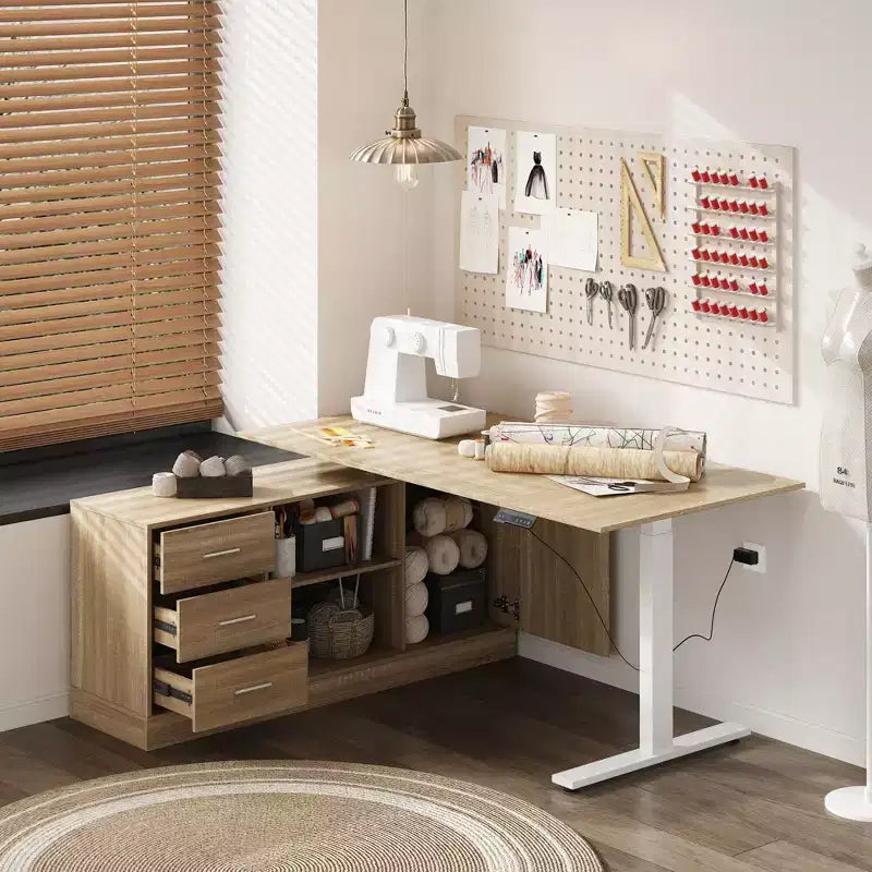 Hitow Oak-Effect Height-Adjustable L-Shaped Office Desk Sewing Desk  3 Drawers + Open Storage