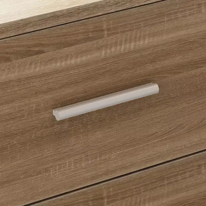 Bureau d'angle réglable en hauteur à effet chêne avec 3 tiroirs et rangement ouvert