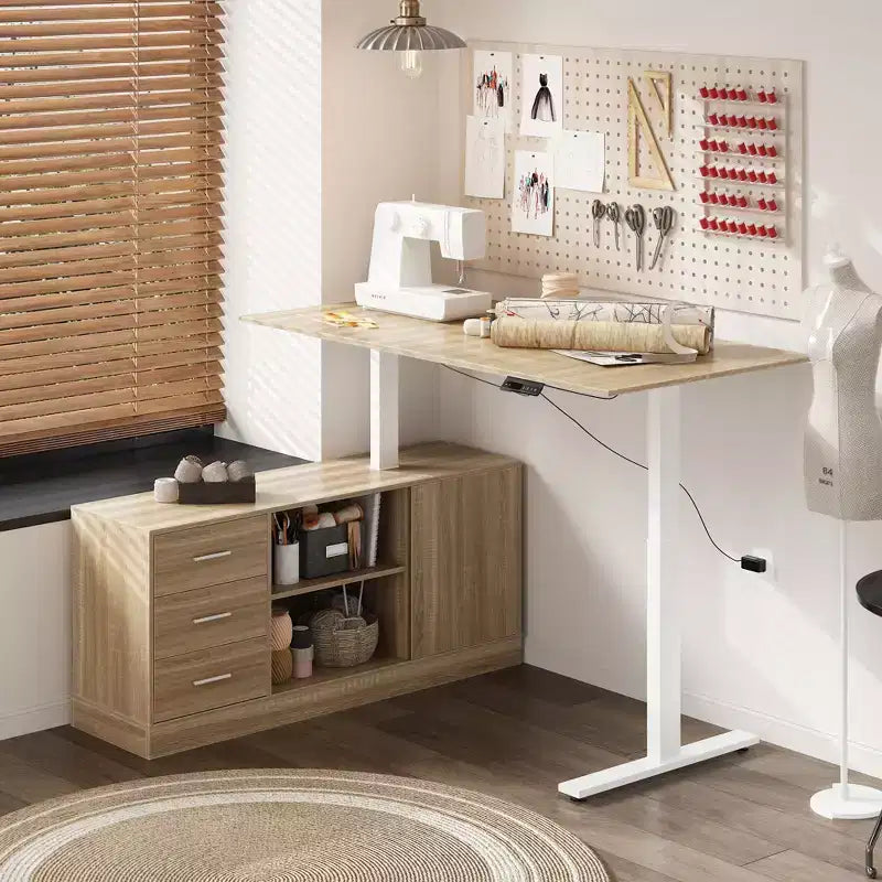 Bureau d'angle réglable en hauteur à effet chêne avec 3 tiroirs et rangement ouvert