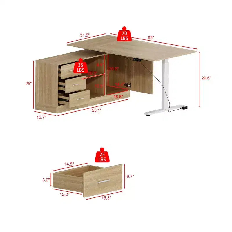 Bureau d'angle réglable en hauteur à effet chêne avec 3 tiroirs et rangement ouvert