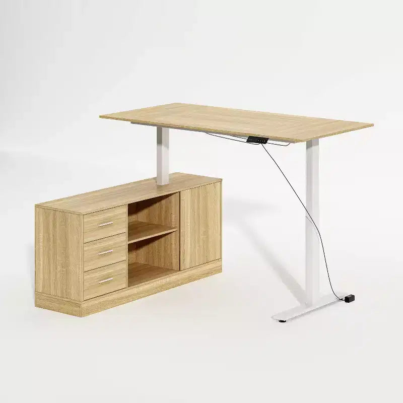 Bureau d'angle réglable en hauteur à effet chêne avec 3 tiroirs et rangement ouvert