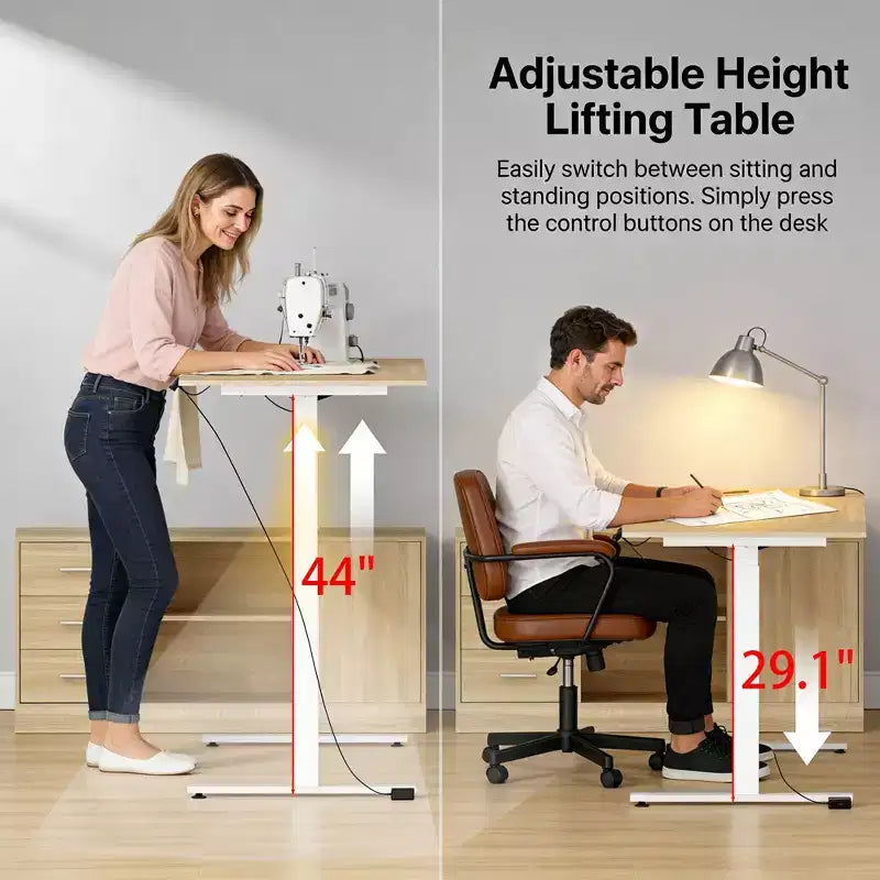 Bureau d'angle réglable en hauteur à effet chêne avec 3 tiroirs et rangement ouvert