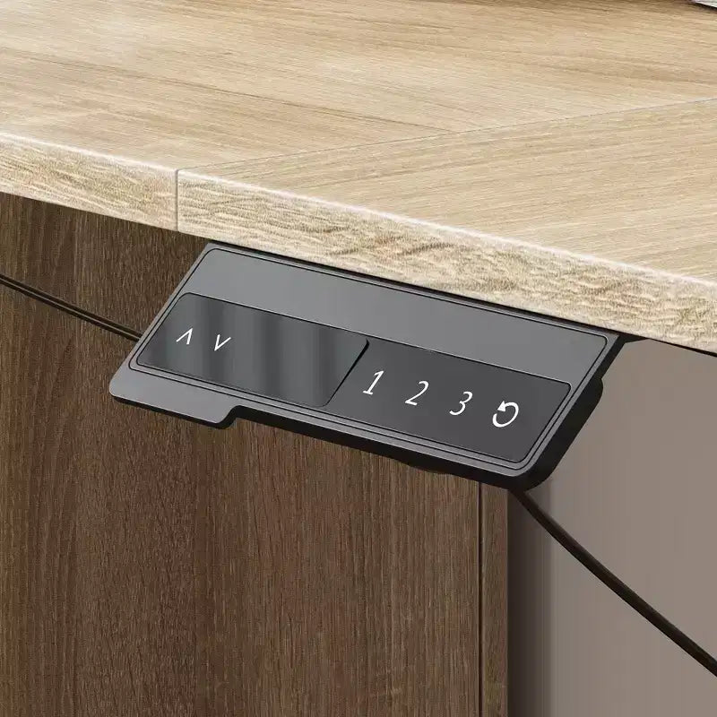 Bureau d'angle réglable en hauteur à effet chêne avec 3 tiroirs et rangement ouvert