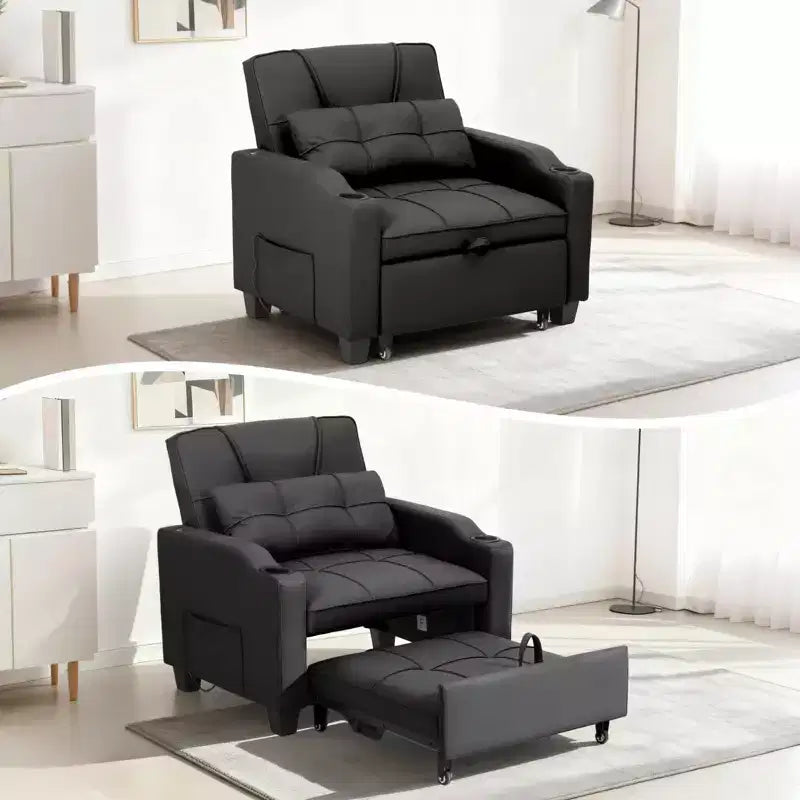 Convertible Reclining Sofa Bed with Vibration Massage Lumbar Pillow, Multi-Function PU Leather Sofa Chair, Chaise Lounge