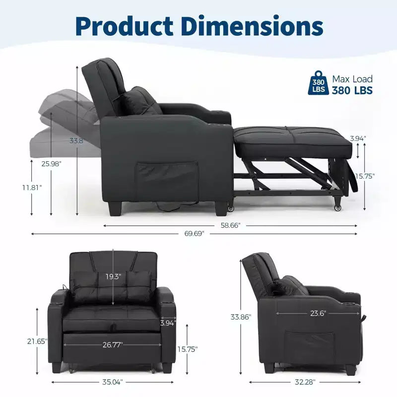 Canapé-lit inclinable convertible avec oreiller lombaire de massage vibrant, fauteuil de canapé multifonction en cuir PU, chaise longue
