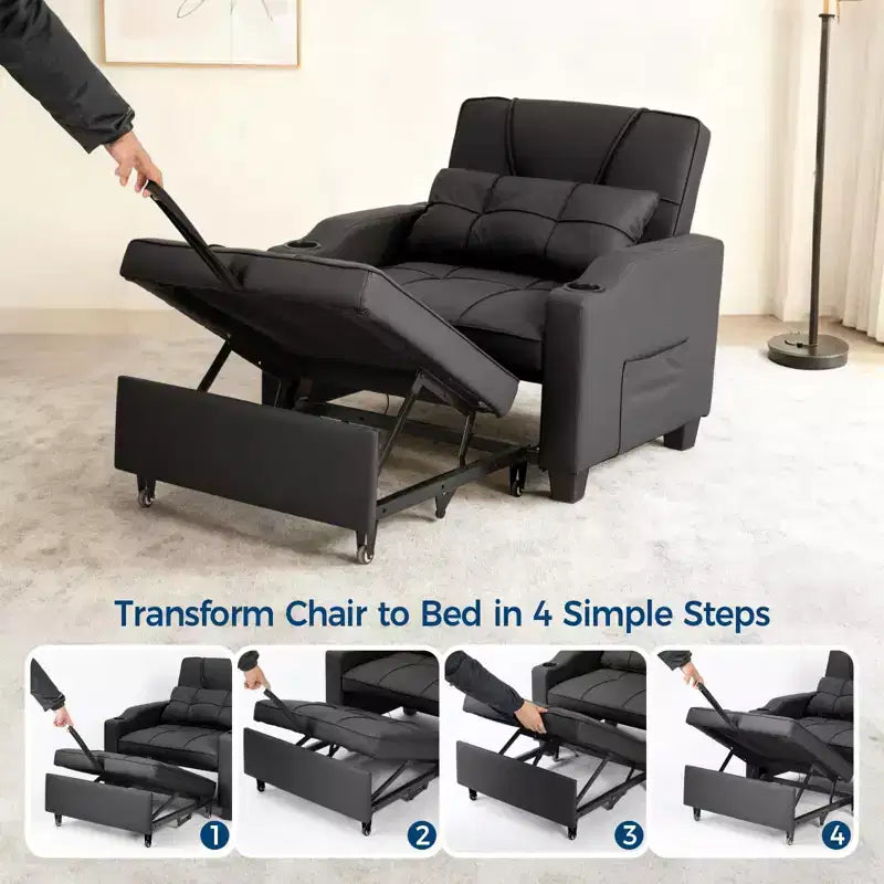 Canapé-lit inclinable convertible avec oreiller lombaire de massage vibrant, fauteuil de canapé multifonction en cuir PU, chaise longue