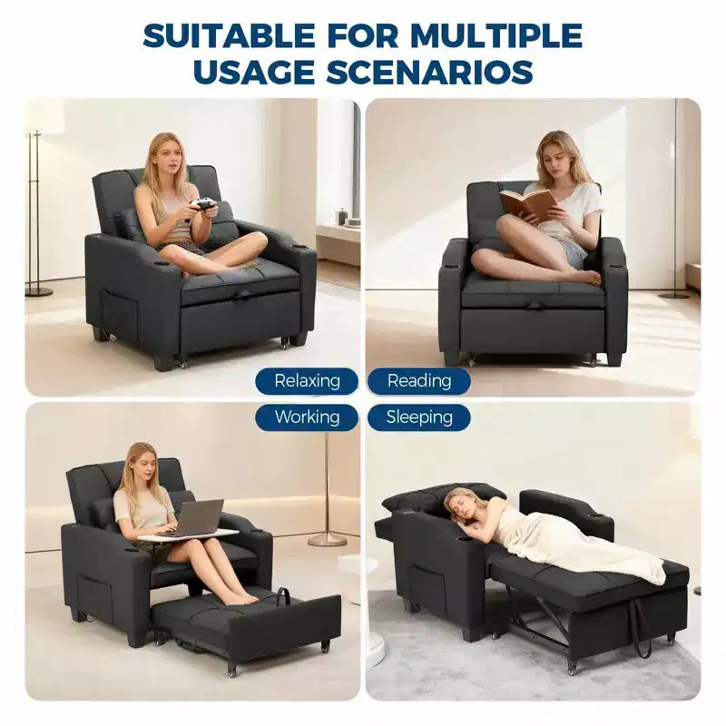 Canapé-lit inclinable convertible avec oreiller lombaire de massage vibrant, fauteuil de canapé multifonction en cuir PU, chaise longue