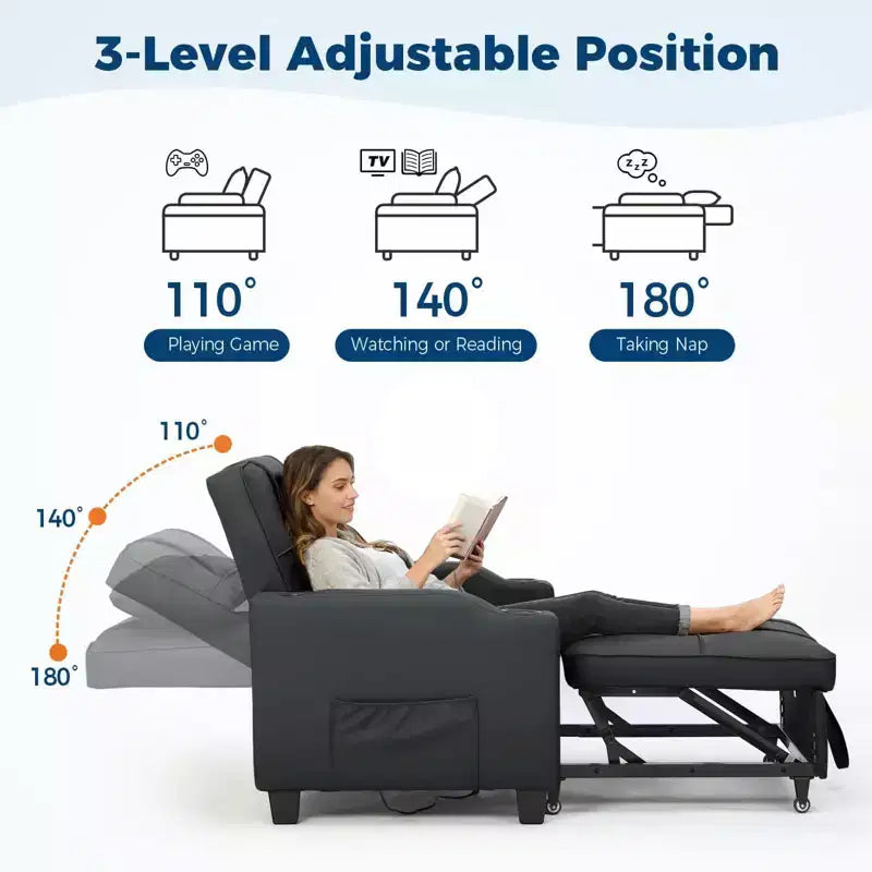 Canapé-lit inclinable convertible avec oreiller lombaire de massage vibrant, fauteuil de canapé multifonction en cuir PU, chaise longue