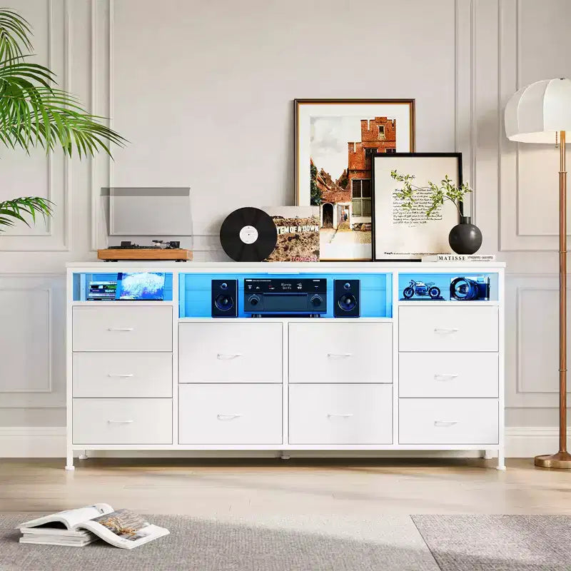 63 Inch Fabric Tv Stand With 10 Drawers Led With Power Socket Suitable For Living Room Bedroom 65-75 Inch Tv Storage Box