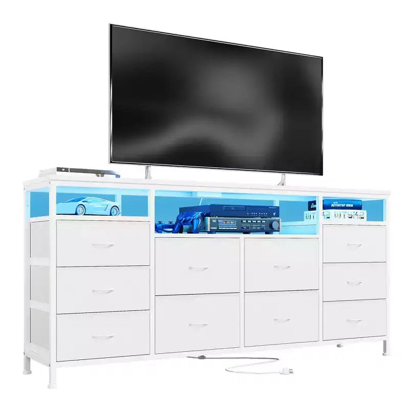 Meuble TV en tissu de 63 pouces avec 10 tiroirs, LED et prise de courant, adapté pour salon, chambre à coucher, boîte de rangement pour TV de 65 à 75 pouces