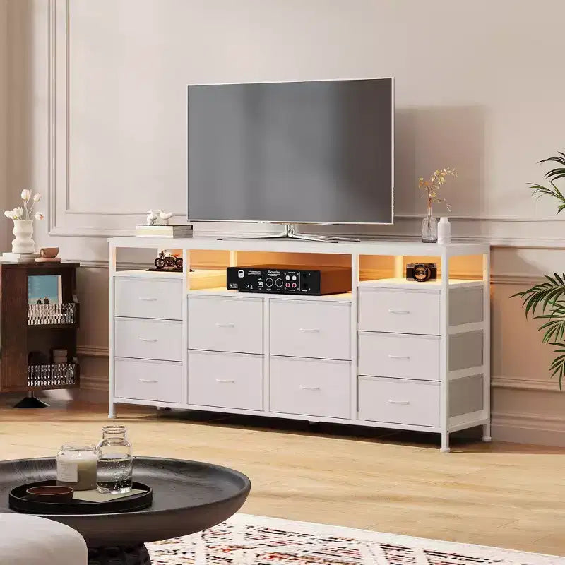 Meuble TV en tissu de 63 pouces avec 10 tiroirs, LED et prise de courant, adapté pour salon, chambre à coucher, boîte de rangement pour TV de 65 à 75 pouces