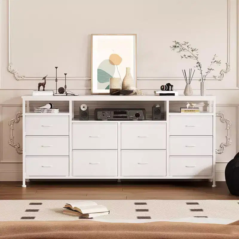 Meuble TV en tissu de 63 pouces avec 10 tiroirs, LED et prise de courant, adapté pour salon, chambre à coucher, boîte de rangement pour TV de 65 à 75 pouces