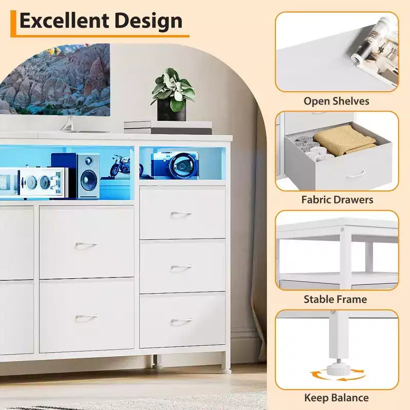 Meuble TV en tissu de 63 pouces avec 10 tiroirs, LED et prise de courant, adapté pour salon, chambre à coucher, boîte de rangement pour TV de 65 à 75 pouces