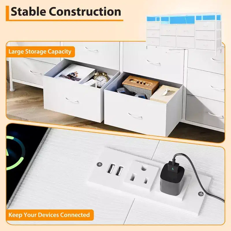 Meuble TV en tissu de 63 pouces avec 10 tiroirs, LED et prise de courant, adapté pour salon, chambre à coucher, boîte de rangement pour TV de 65 à 75 pouces