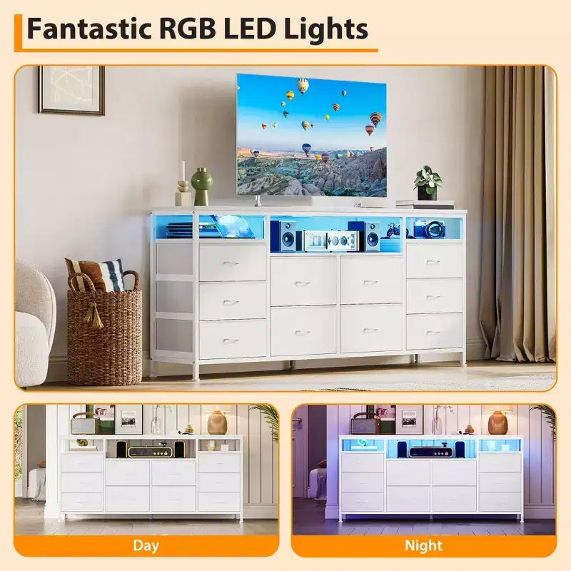 Meuble TV en tissu de 63 pouces avec 10 tiroirs, LED et prise de courant, adapté pour salon, chambre à coucher, boîte de rangement pour TV de 65 à 75 pouces
