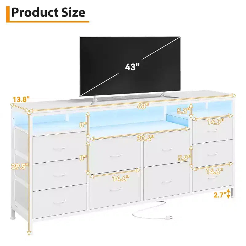 Meuble TV en tissu de 63 pouces avec 10 tiroirs, LED et prise de courant, adapté pour salon, chambre à coucher, boîte de rangement pour TV de 65 à 75 pouces