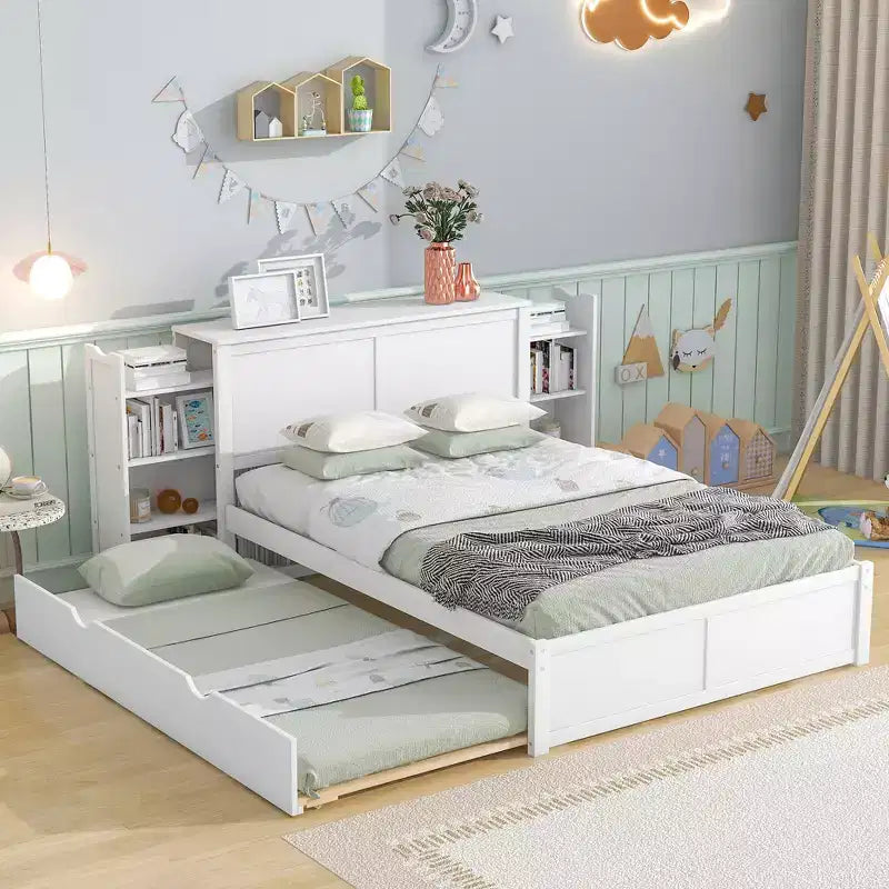 GDFStudio Dunn Storage Platform Bed with Pull Out Shelves and Twin XL Size Trundle