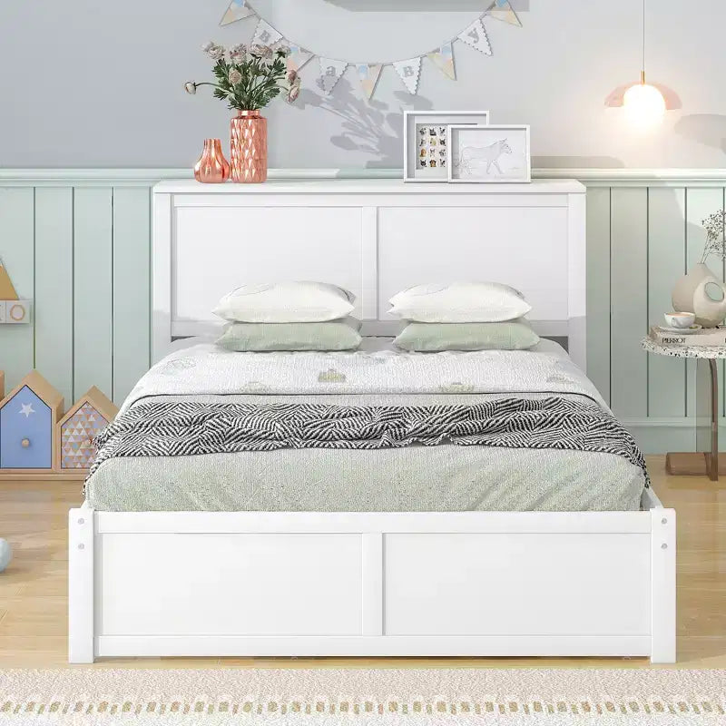 Lit plateforme de rangement Dunn avec étagères coulissantes et lit gigogne double XL