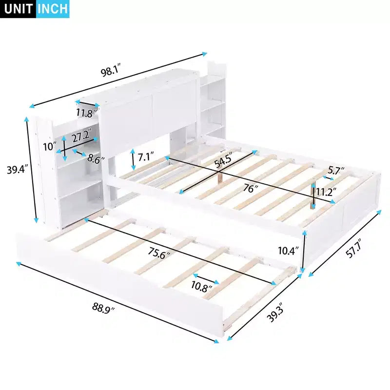 Lit plateforme de rangement Dunn avec étagères coulissantes et lit gigogne double XL