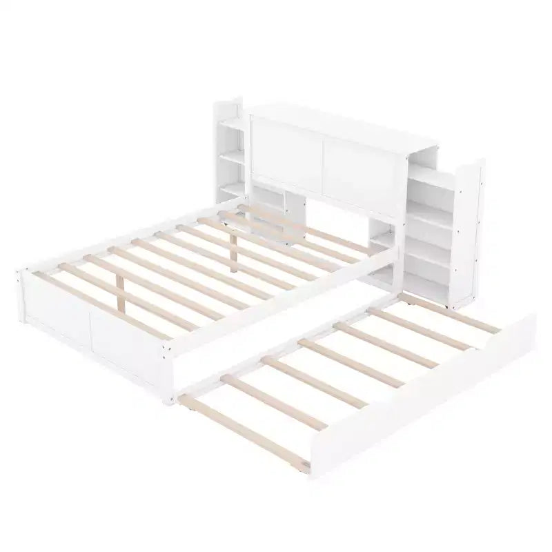 Lit plateforme de rangement Dunn avec étagères coulissantes et lit gigogne double XL