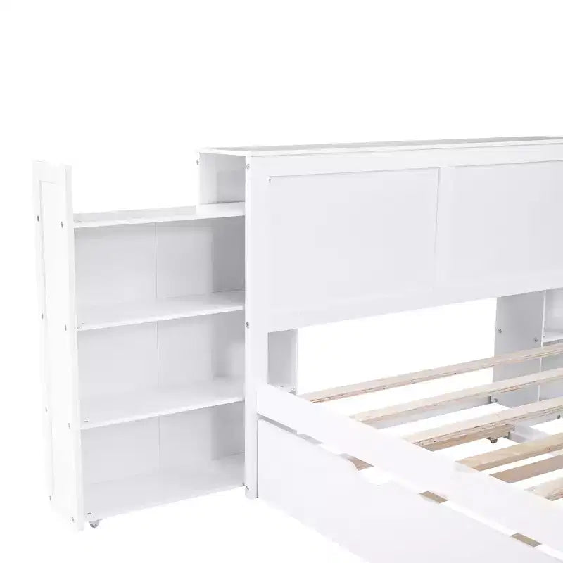 Lit plateforme de rangement Dunn avec étagères coulissantes et lit gigogne double XL