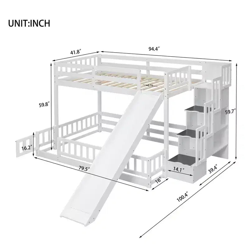Lit superposé double sur grand format avec toboggan, barrières de sécurité et escalier de rangement