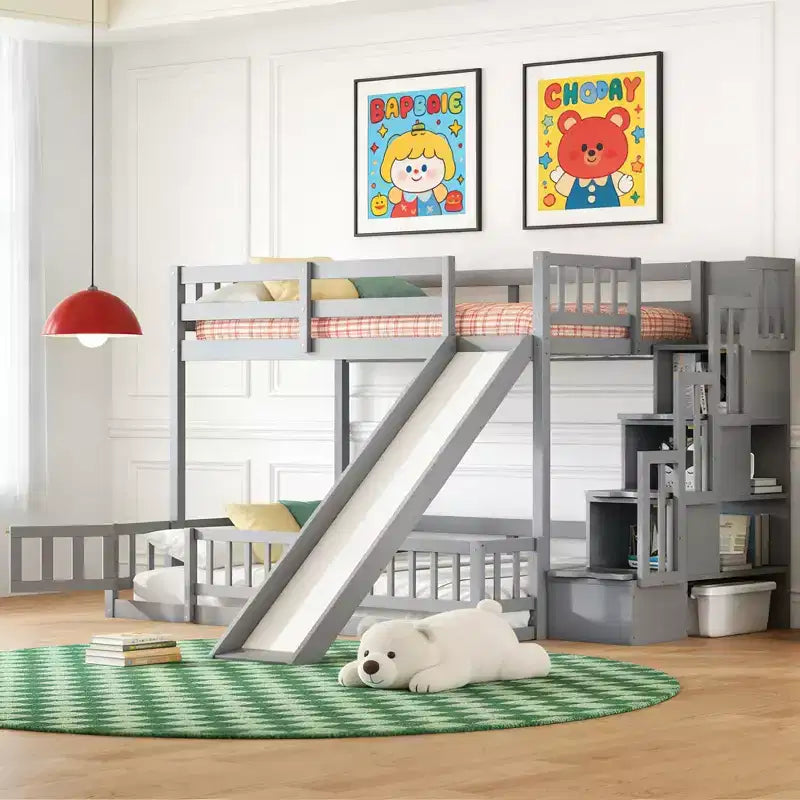 Luxystar Twin Over Full Modern Bunk Bed with Slide, Safety Guardrails and Storage Staircase