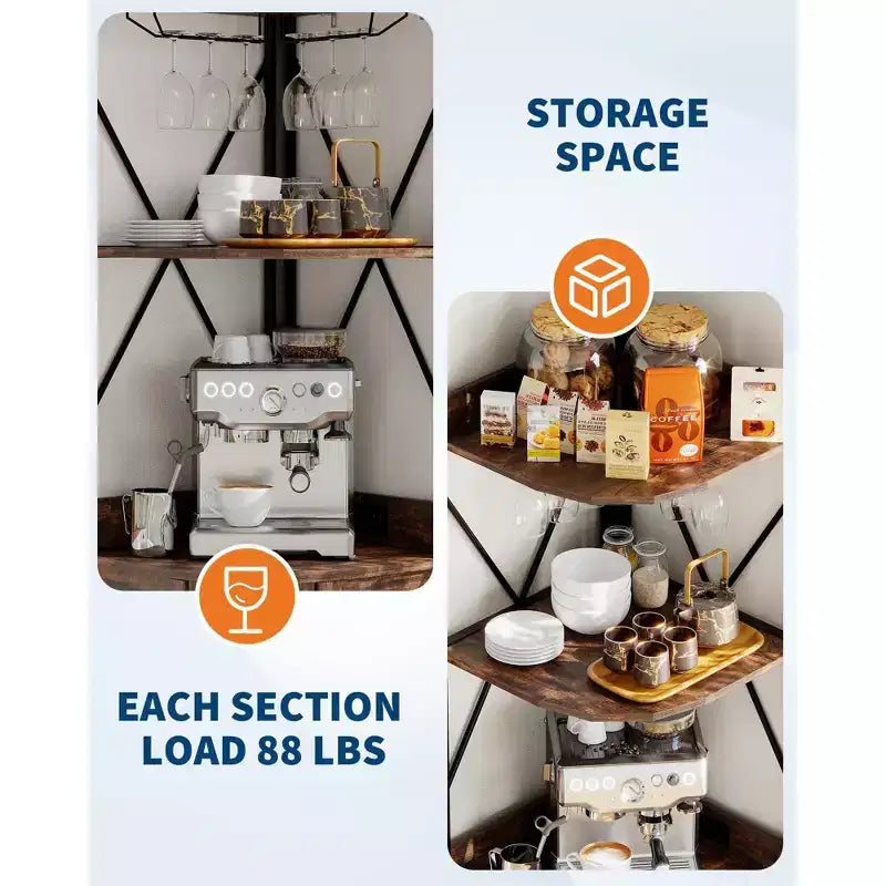 Étagère d'angle, armoire de rangement peu encombrante avec étagères ouvertes pour cuisine et salon
