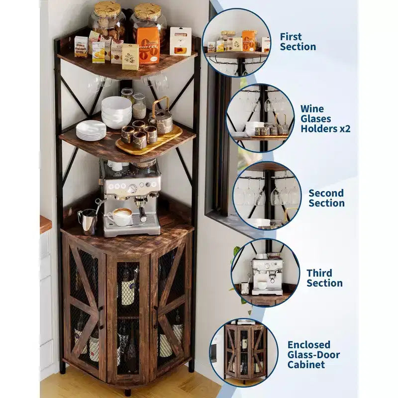 Étagère d'angle, armoire de rangement peu encombrante avec étagères ouvertes pour cuisine et salon