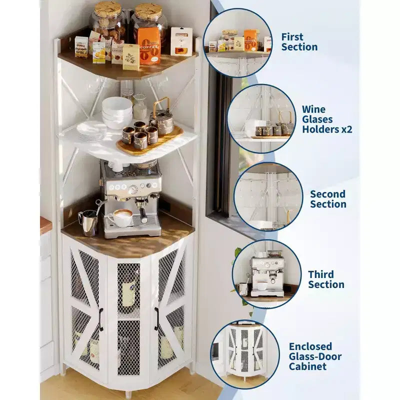 Étagère d'angle, armoire de rangement peu encombrante avec étagères ouvertes pour cuisine et salon