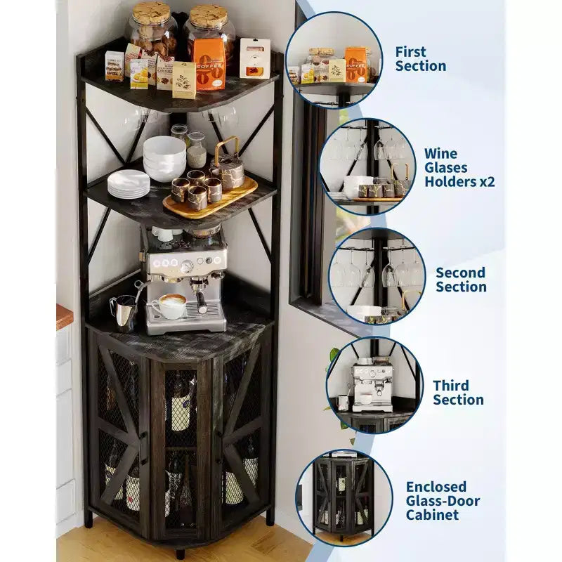 Étagère d'angle, armoire de rangement peu encombrante avec étagères ouvertes pour cuisine et salon