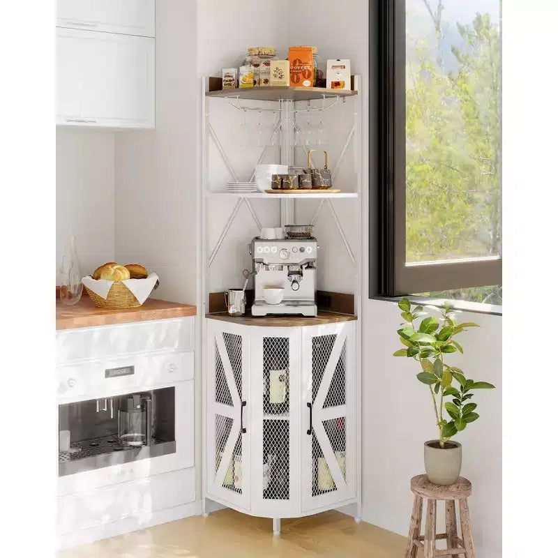 Étagère d'angle, armoire de rangement peu encombrante avec étagères ouvertes pour cuisine et salon
