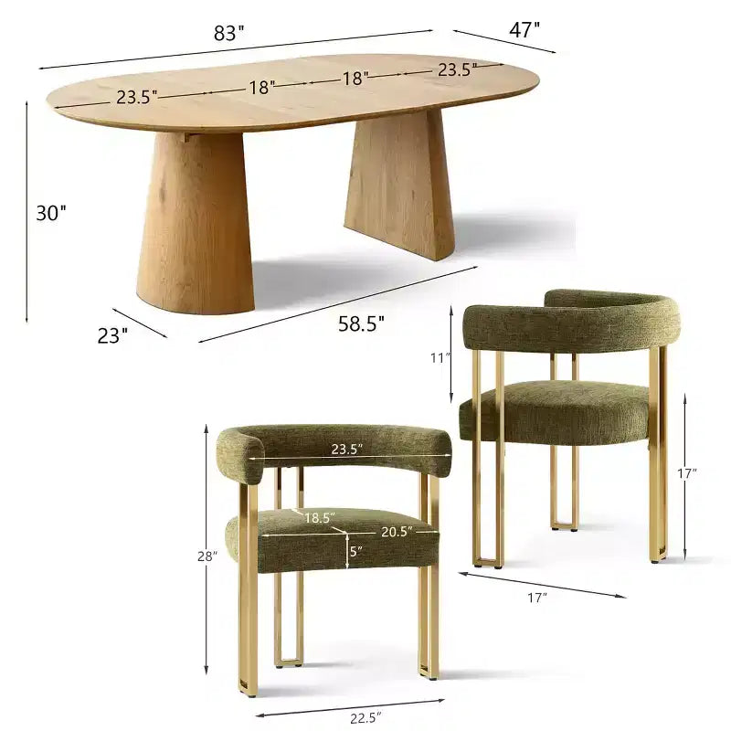 Ensemble de salle à manger extensible 47-83 pour 6 personnes, table en bois naturel et 6 chaises de salle à manger en chenille rembourrée avec pieds en métal-Panipeachy