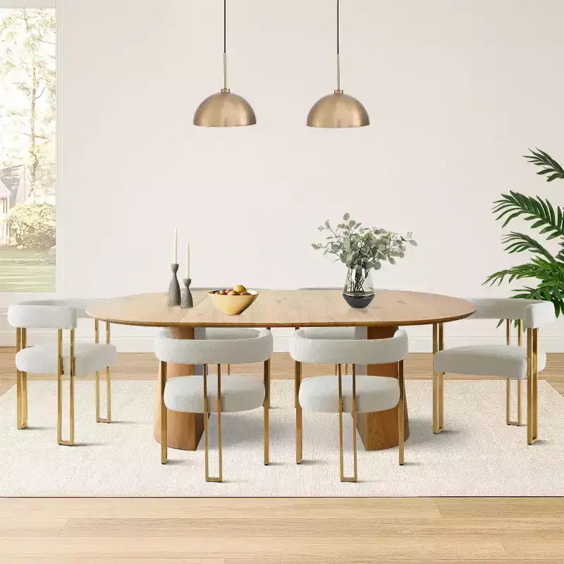 Ensemble de salle à manger extensible 47-83 pour 6 personnes, table en bois naturel et 6 chaises de salle à manger en chenille rembourrée avec pieds en métal-Panipeachy