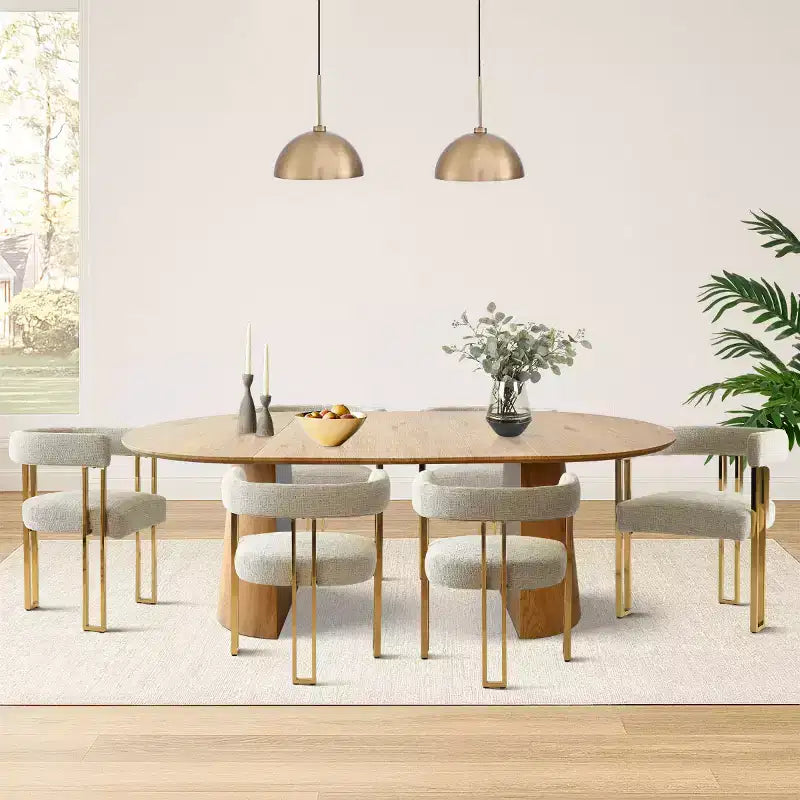 Ensemble de salle à manger extensible 47-83 pour 6 personnes, table en bois naturel et 6 chaises de salle à manger en chenille rembourrée avec pieds en métal-Panipeachy