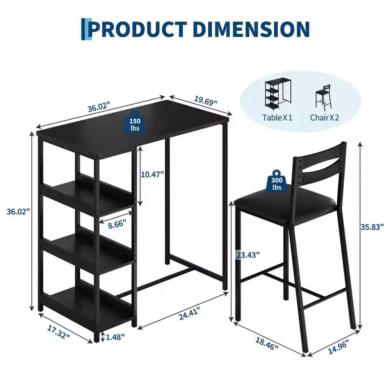 Ensemble table de salle à manger 3 pièces pour 2, ensemble table de bar hauteur comptoir avec 3 étagères de rangement, table de cuisine avec 2 chaises rembourrées pour salon, noir