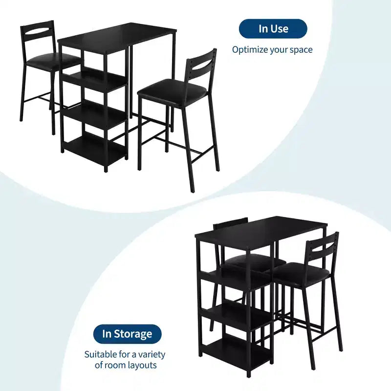 Ensemble table de salle à manger 3 pièces pour 2, ensemble table de bar hauteur comptoir avec 3 étagères de rangement, table de cuisine avec 2 chaises rembourrées pour salon, noir
