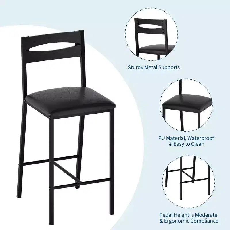 Ensemble table de salle à manger 3 pièces pour 2, ensemble table de bar hauteur comptoir avec 3 étagères de rangement, table de cuisine avec 2 chaises rembourrées pour salon, noir