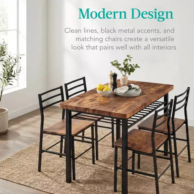 Ensemble de salle à manger moderne 5 pièces de Best Choice Products, table de cuisine avec 4 chaises assorties et étagère de rangement – Marron moyen/noir