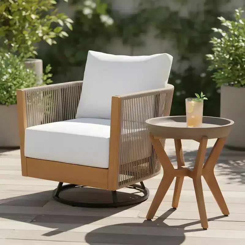 Christopher Knight Home Wei, ensemble moderne de 2 fauteuils de terrasse pivotants en acacia et d'une table d'appoint avec design en corde tressée à la main