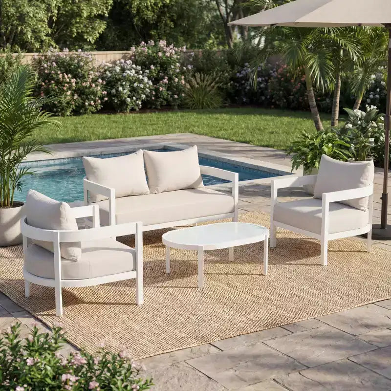 Christopher Knight Home Adriel – Salon de jardin moderne 4 pièces en aluminium avec table basse en verre